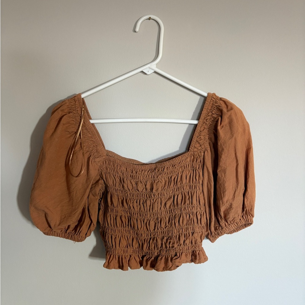 Rhythm Terracotta Smocked Blouse Puff Sleeve